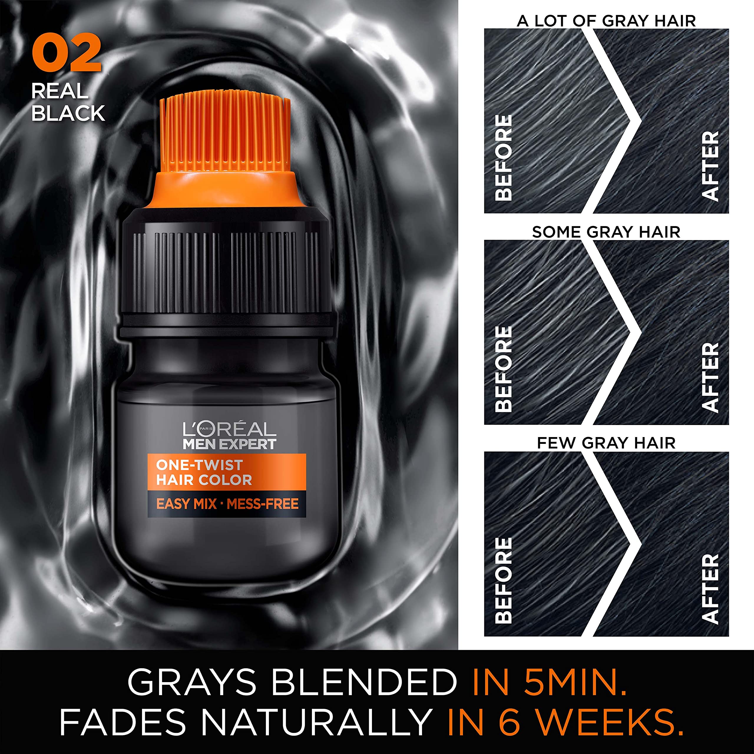 L’Oréal Paris Men Expert One Twist Mess Free Permanent Hair Color, Mens Hair Dye to Cover Grays, Easy Mix Ammonia Free Application, Real Black 02, 1 Application Kit